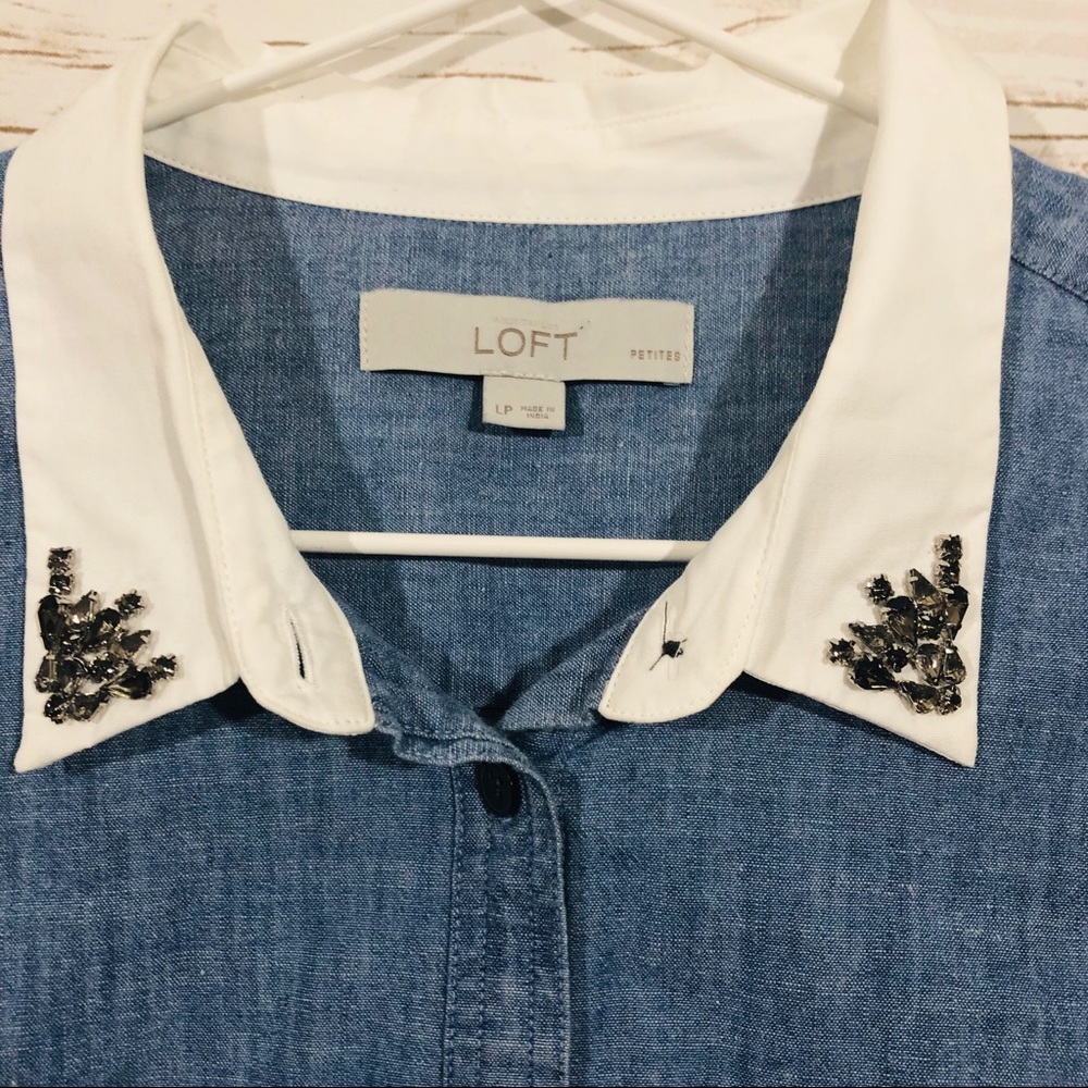 Loft women’s petite L long sleeve denim blouse top - Picture 4 of 6